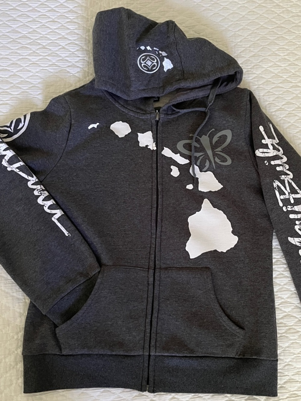Dark Gray Full-Zip Hoodie with Hawaii Graphic - Large